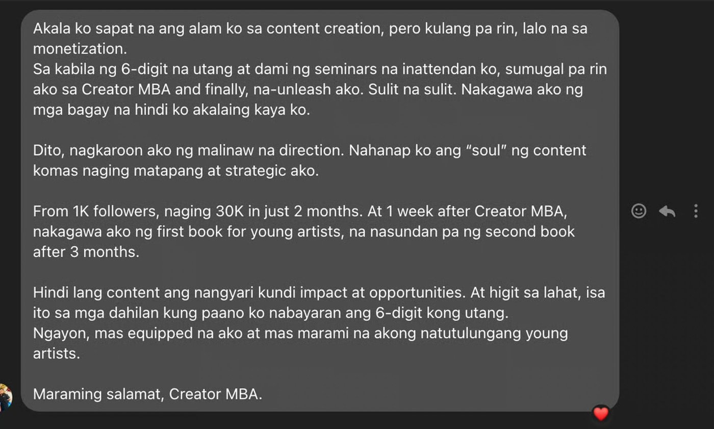 Student testimonial sharing how they paid off a 6-digit debt after attending Creator MBA